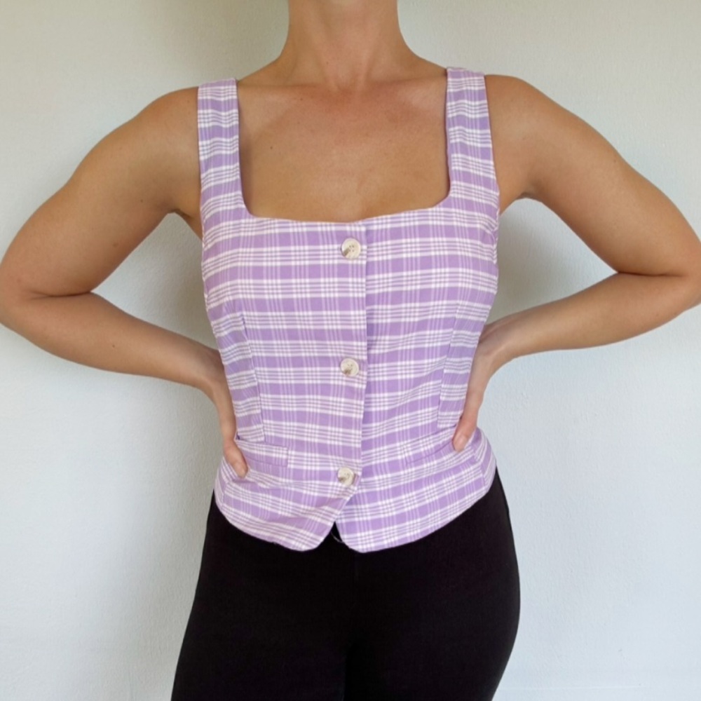 New York & Company purple white plaid button up sleeveless vest blouse small - Picture 2 of 13